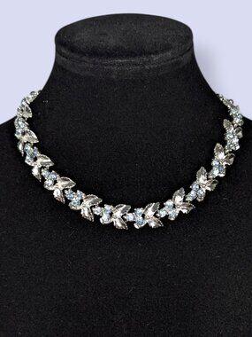 V. 1960s Blue Rhinestone Leaf Statement Necklace